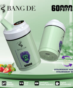 A green BANG DE vape device with an illustration of a purple lion and labeled for 60,000 puffs, showcasing features like 'Three Flavors', 'Dual Coil', and 'Digital Oil Indicator', alongside colorful fruits like strawberries, mangoes, and kiwis in the foreground.
