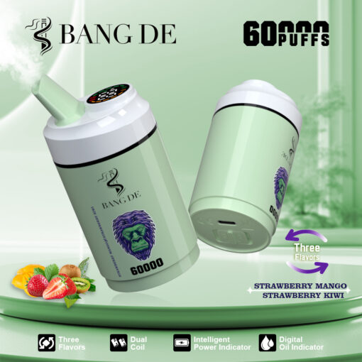 A green BANG DE vape device with an illustration of a purple lion and labeled for 60,000 puffs, showcasing features like 'Three Flavors', 'Dual Coil', and 'Digital Oil Indicator', alongside colorful fruits like strawberries, mangoes, and kiwis in the foreground.