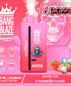 A vibrant pink disposable vape device labeled 'Bang Blaze' featuring a mesh coil design, with branding and flavor description of 'Lichee LCE / Strawberry Lichee,' alongside illustrations of strawberries and lychee fruit, emphasizing its fruity flavor.