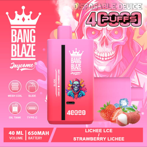 A vibrant pink disposable vape device labeled 'Bang Blaze' featuring a mesh coil design, with branding and flavor description of 'Lichee LCE / Strawberry Lichee,' alongside illustrations of strawberries and lychee fruit, emphasizing its fruity flavor.