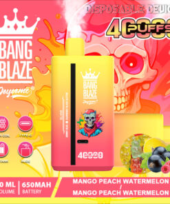 A colorful packaging of a Bang Blaze disposable vaping device featuring a pink to yellow gradient design, the brand logo, and key features like capacity, battery power, and flavor description of 'Mango Peach Watermelon'.