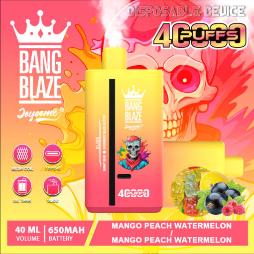 A colorful packaging of a Bang Blaze disposable vaping device featuring a pink to yellow gradient design, the brand logo, and key features like capacity, battery power, and flavor description of 'Mango Peach Watermelon'.