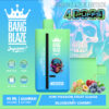 A teal and green disposable vape device labeled 'Bang Blaze' with features such as a mesh coil, 40ml volume, and 650mAh battery, displaying flavors of Kiwi Passion Fruit Guava and Blueberry Cherry, with colorful fruit illustrations in the background.