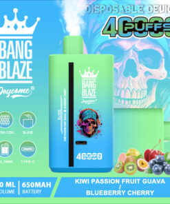 A teal and green disposable vape device labeled 'Bang Blaze' with features such as a mesh coil, 40ml volume, and 650mAh battery, displaying flavors of Kiwi Passion Fruit Guava and Blueberry Cherry, with colorful fruit illustrations in the background.