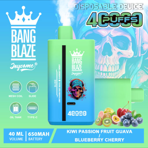 A teal and green disposable vape device labeled 'Bang Blaze' with features such as a mesh coil, 40ml volume, and 650mAh battery, displaying flavors of Kiwi Passion Fruit Guava and Blueberry Cherry, with colorful fruit illustrations in the background.