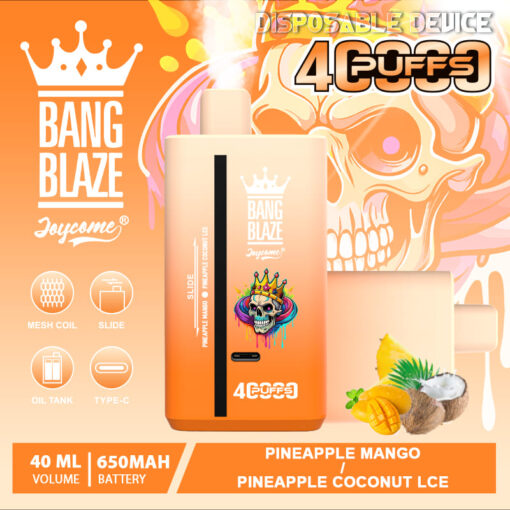 A vibrant orange disposable vape device labeled 'Bang Blaze' with a colorful skull graphic, displaying details like a 40 ml volume, 650 mAh battery, and flavors of pineapple mango and pineapple coconut ice, set against a graffiti-style background.