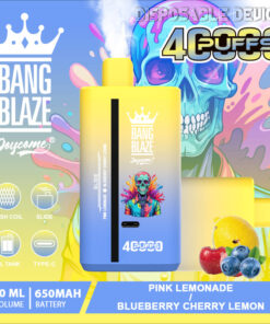 A colorful disposable vape device labeled 'Bang Blaze' with a vibrant design showcasing the flavors 'Pink Lemonade' and 'Blueberry Cherry Lemon', accompanied by illustrations of berries and citrus fruits against a psychedelic background featuring a colored skull.