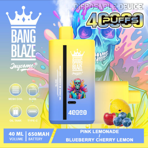 A colorful disposable vape device labeled 'Bang Blaze' with a vibrant design showcasing the flavors 'Pink Lemonade' and 'Blueberry Cherry Lemon', accompanied by illustrations of berries and citrus fruits against a psychedelic background featuring a colored skull.