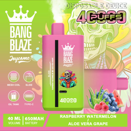 A vibrant disposable vape device labeled 'BANG BLAZE' featuring a pink and green gradient design, with illustrations of fruit and a skull, indicating flavors like raspberry watermelon and aloe vera grape, and showing technical details such as a 40ml volume and 650mAh battery capacity.