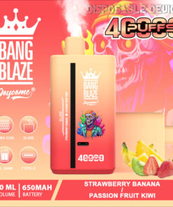 A vibrant advertisement for the Bang Blaze Joycome disposable device, featuring a prominently displayed vape device that can deliver 4,000 puffs, with branding and flavor descriptions, set against a colorful background with fruit illustrations of strawberries, bananas, and kiwi.