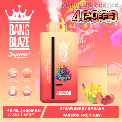 A vibrant advertisement for the Bang Blaze Joycome disposable device, featuring a prominently displayed vape device that can deliver 4,000 puffs, with branding and flavor descriptions, set against a colorful background with fruit illustrations of strawberries, bananas, and kiwi.