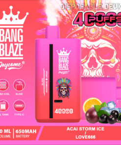 A colorful disposable vape device labeled 'Bang Blaze' with a pink body, featuring a design that includes a crown logo and the flavors 'Acai Storm Ice' and 'Love666', alongside fruit imagery and text indicating its specifications including 40 mL volume and 650 mAh battery.