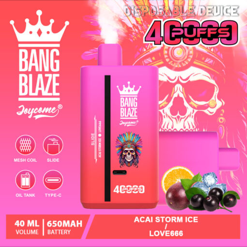 A colorful disposable vape device labeled 'Bang Blaze' with a pink body, featuring a design that includes a crown logo and the flavors 'Acai Storm Ice' and 'Love666', alongside fruit imagery and text indicating its specifications including 40 mL volume and 650 mAh battery.