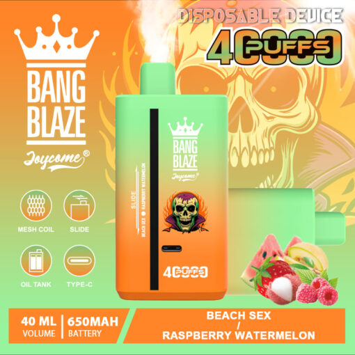 A brightly colored disposable vape device labeled 'Bang Blaze' with a gradient orange and green design, featuring icons for mesh coil, oil tank, and charging, along with graphic elements of fruit slices including watermelon and raspberries, set against a vibrant background with a skull motif.