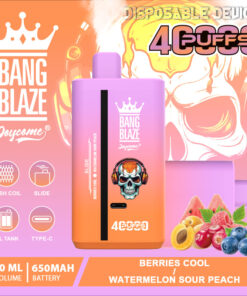 A colorful disposable vape device labeled 'Bang Blaze' with skull graphics, featuring flavors of 'Berries Cool' and 'Watermelon Sour Peach', showcasing details like a 40ml liquid capacity and 650mAh battery, alongside images of fruits like raspberries and blueberries as illustrations of the flavors.