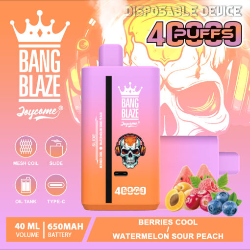 A colorful disposable vape device labeled 'Bang Blaze' with skull graphics, featuring flavors of 'Berries Cool' and 'Watermelon Sour Peach', showcasing details like a 40ml liquid capacity and 650mAh battery, alongside images of fruits like raspberries and blueberries as illustrations of the flavors.