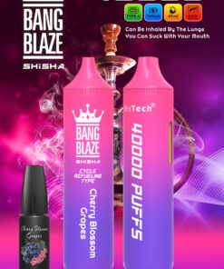 A colorful advertisement for Bang Blaze shisha featuring two pink and purple e-cigarette devices labeled for 4000 puffs, with a black bottle of Cherry Blossom Grapes flavor displayed alongside, set against a vibrant pink and purple background with a hookah in the image.