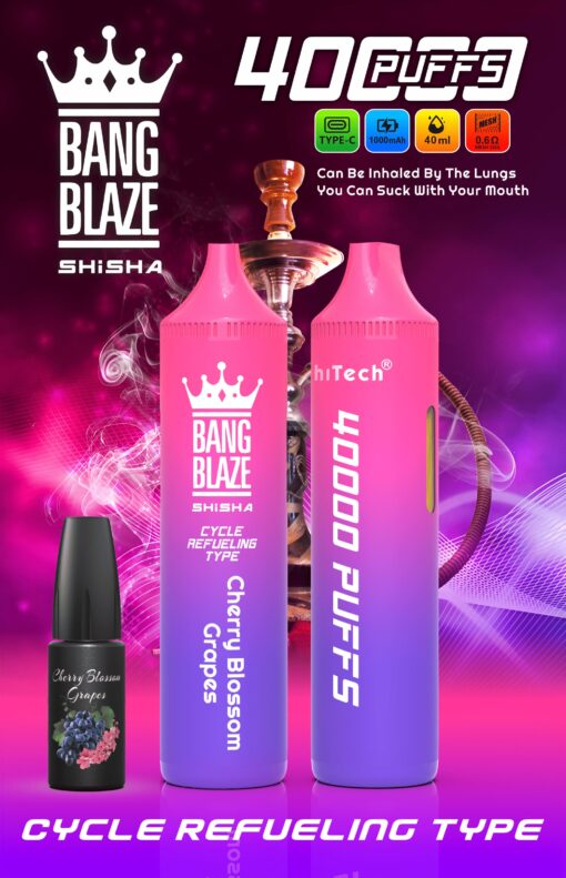 A colorful advertisement for Bang Blaze shisha featuring two pink and purple e-cigarette devices labeled for 4000 puffs, with a black bottle of Cherry Blossom Grapes flavor displayed alongside, set against a vibrant pink and purple background with a hookah in the image.