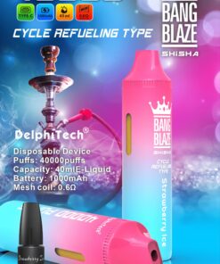 A colorful promotional image showcasing a disposable shisha device by Bang Blaze, highlighting specifications such as 40,000 puffs, 40 ml capacity, and a 1000 mAh battery, accompanied by a black flavor bottle labeled 'Strawberry Ice.'