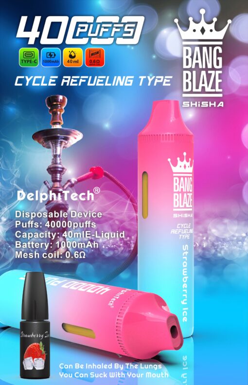 A colorful promotional image showcasing a disposable shisha device by Bang Blaze, highlighting specifications such as 40,000 puffs, 40 ml capacity, and a 1000 mAh battery, accompanied by a black flavor bottle labeled 'Strawberry Ice.'