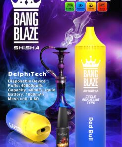 A colorful advertisement for the Bang Blaze disposable shisha device featuring a yellow and blue device, specifications including 40,000 puffs and 1000mAh battery, along with a purple hookah and a small bottle labeled 'Red Bull', surrounded by smoke against a vibrant background.