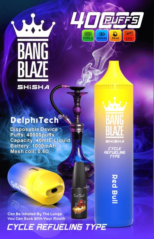 A colorful advertisement for the Bang Blaze disposable shisha device featuring a yellow and blue device, specifications including 40,000 puffs and 1000mAh battery, along with a purple hookah and a small bottle labeled 'Red Bull', surrounded by smoke against a vibrant background.