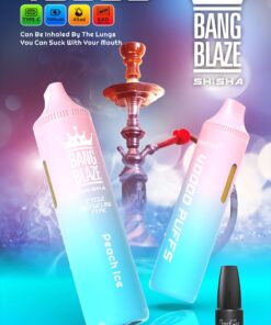 A promotional graphic featuring a gradient-background vaping device labeled 'Bang Blaze Shisha', with illustrations of smoke and a hookah in the background, highlighting features like '4000 puffs' and 'cycle refueling type', alongside a smaller bottle labeled 'Peach Ice'.