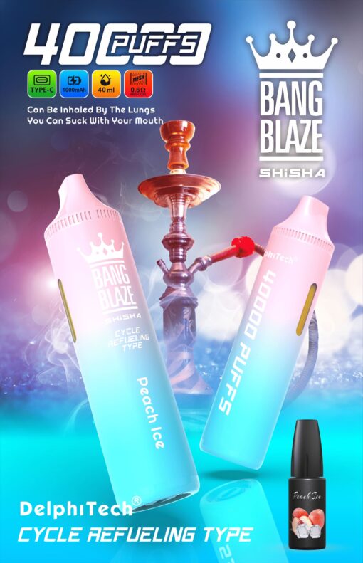 A promotional graphic featuring a gradient-background vaping device labeled 'Bang Blaze Shisha', with illustrations of smoke and a hookah in the background, highlighting features like '4000 puffs' and 'cycle refueling type', alongside a smaller bottle labeled 'Peach Ice'.