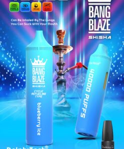 A promotional image showcasing a blue vaporizer labeled 