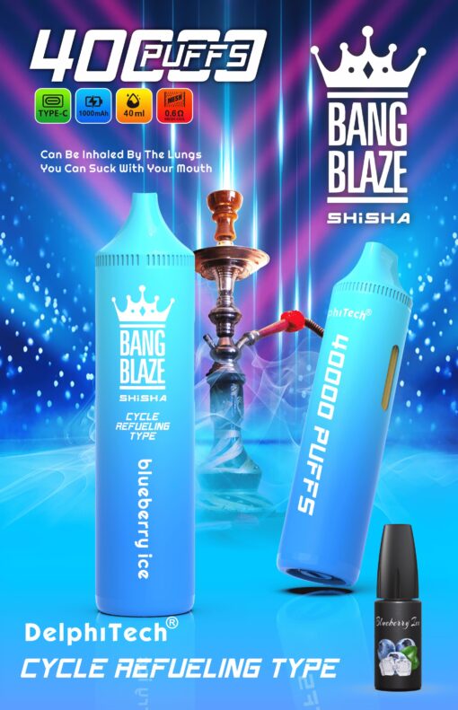 A promotional image showcasing a blue vaporizer labeled "BANG BLAZE SHISHA" and its features, with visuals of a hookah in the background, colorful effects, and text highlighting its capacity for 40,000 puffs and blueberry ice flavor.
