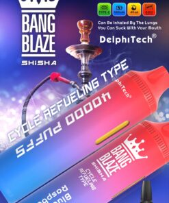 A vibrant advertisement for Bang Blaze shisha, featuring a hookah and two colorful vape products with the label 