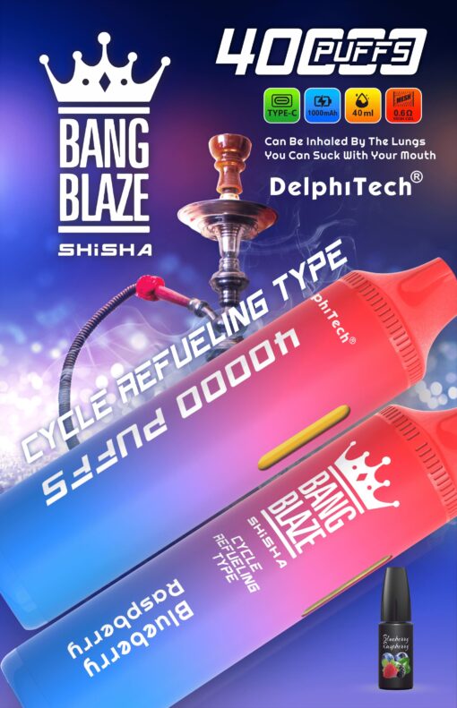 A vibrant advertisement for Bang Blaze shisha, featuring a hookah and two colorful vape products with the label "Cycle Refueling Type" and details about puffs, battery, and flavor, against a dreamy purple and blue background.