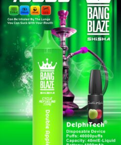 A vibrant advertisement for Bang Blaze Shisha featuring a green disposable device named 'Double Apples' with details about its capacity (40ml), battery life (1000mAh), and 40000 puffs, alongside a purple hookah in the background and a green gradient color scheme.