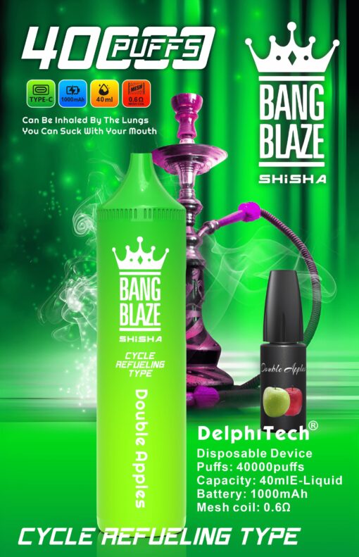 A vibrant advertisement for Bang Blaze Shisha featuring a green disposable device named 'Double Apples' with details about its capacity (40ml), battery life (1000mAh), and 40000 puffs, alongside a purple hookah in the background and a green gradient color scheme.