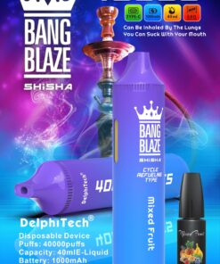 A colorful advertisement for Bang Blaze Shisha featuring a purple disposable vape device labeled '40,000 puffs,' with details on its features and a bottle of mixed fruit e-liquid, set against a vibrant blue and pink background with a hookah in the backdrop.
