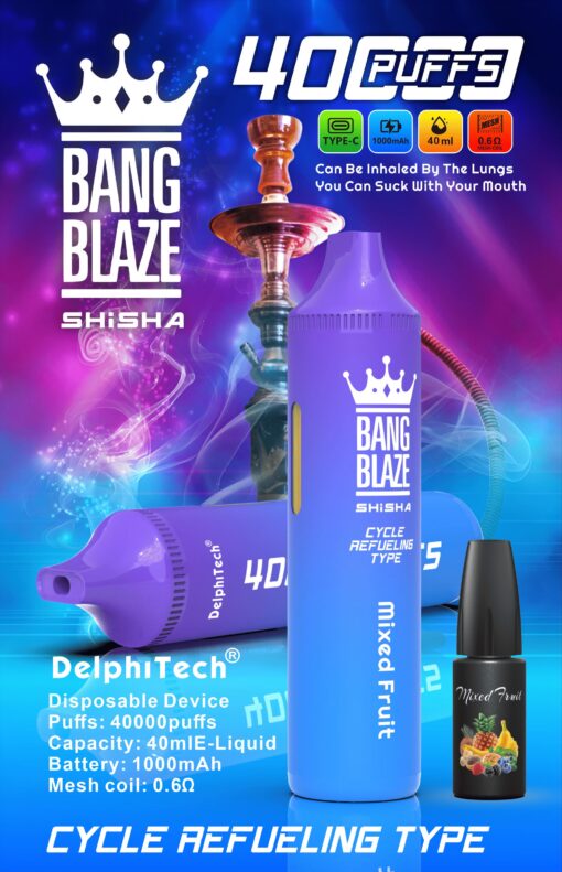 A colorful advertisement for Bang Blaze Shisha featuring a purple disposable vape device labeled '40,000 puffs,' with details on its features and a bottle of mixed fruit e-liquid, set against a vibrant blue and pink background with a hookah in the backdrop.