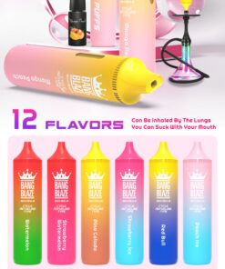 A colorful display of Bang Blaze Shisha vape devices showcasing twelve flavors, including Watermelon, Strawberry Watermelon, Pina Colada, and Mango Peach, with details about 40,000 puffs and Type-C charging.