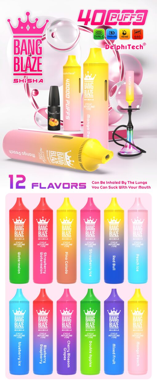A colorful display of Bang Blaze Shisha vape devices showcasing twelve flavors, including Watermelon, Strawberry Watermelon, Pina Colada, and Mango Peach, with details about 40,000 puffs and Type-C charging.