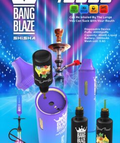 A colorful promotional image for the Bang Blaze Shisha device, featuring vibrant graphics, the brand logo, and a diagram of the device alongside various components such as a refillable tank, flavor bottles with fruit graphics, and a traditional shisha hookah, all against a dynamic blue and purple background.