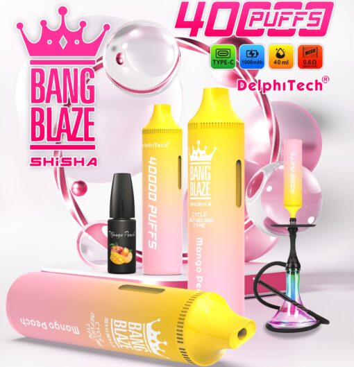 An assortment of vaping devices including two colorful shisha products labeled "Bang Blaze" and "40000 Puffs," with a small black vape labeled "Mango Peach" and a multi-colored hookah, all set against a soft pink background with bubbles accentuating the theme.