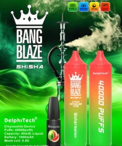 Bright promotional image featuring a hookah labeled 'BANG BLAZE' with smoke, two flavor canisters emphasizing '40000 PUFFS' and 'Watermelon,' and product details highlighted against a vivid green background.