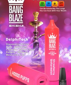 A promotional image for the Bang Blaze shisha device featuring a bright pink disposable unit labeled '40000 PUFFS' and 'Strawberry Watermelon' flavor, surrounded by a colorful background and a traditional hookah, with details about its features like capacity and battery specifications prominently displayed.