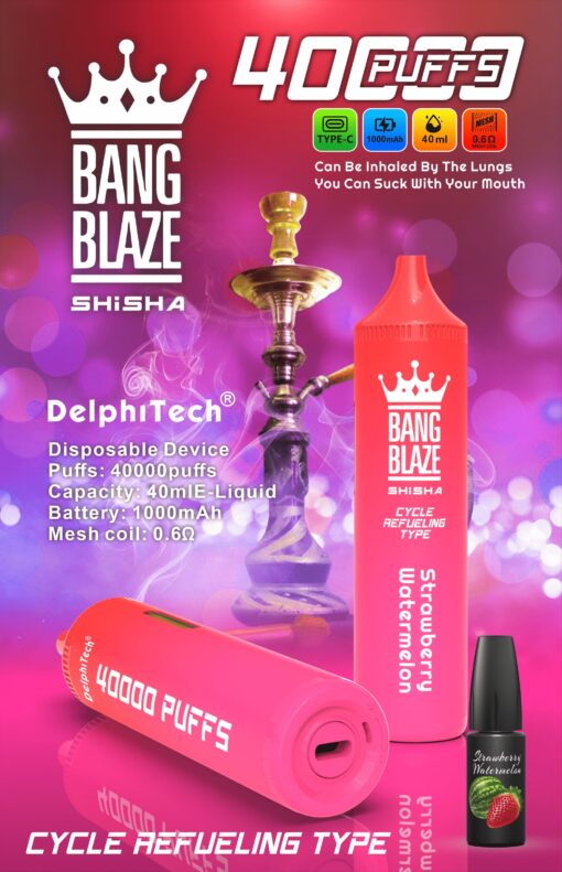 A promotional image for the Bang Blaze shisha device featuring a bright pink disposable unit labeled '40000 PUFFS' and 'Strawberry Watermelon' flavor, surrounded by a colorful background and a traditional hookah, with details about its features like capacity and battery specifications prominently displayed.