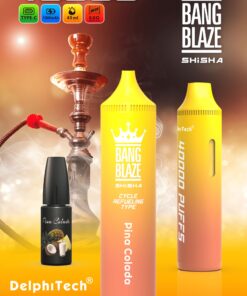 A vibrant advertisement for Bang Blaze shisha featuring a bright yellow vape device labeled 