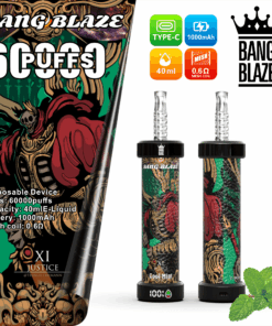 A colorful disposable vape device branded 'Bang Blaze' featuring a bold design with a skeleton character, accompanied by two cylindrical vaporizers displaying vibrant artwork, specs including 60000 puffs, 1000mAh battery, 40ml capacity, and mesh coil, alongside a mint leaf for flavor context.