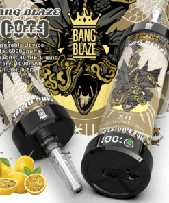 A graphic of a disposable vape device labeled 'BANG BLAZE' with features including 6000 puffs, 40ml e-liquid capacity, and a 1000mAh battery, positioned against an artistic background of a passionate fruit and intricate designs.