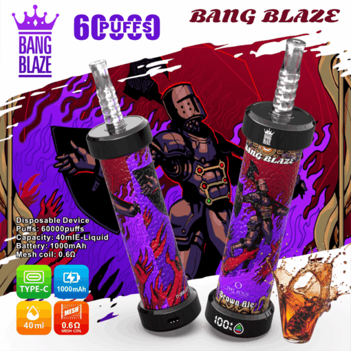 Zwei farbenfrohe Einweg-Vaporizer der Marke „Bang Blaze“ mit einem lebendigen Design, das eine Kriegerfigur vor einem violetten und roten Hintergrund zeigt, mit Text, der die Spezifikationen des Geräts detailliert beschreibt, darunter Informationen zu Zügen, Kapazität, Batterie und Mesh-Coil.