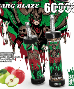 Ein farbenfrohes Einweg-Vape-Gerät mit der Aufschrift „Bang Blaze“ und einer Kapazität für 60.000 Züge, das ein auffälliges Design mit einer gehörnten Figur und grünen Akzenten sowie zwei roten Äpfeln aufweist, alles vor einem abstrakten Hintergrund.