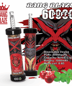 Ein Werbebild des Einweg-Vaporizers Bang Blaze mit einem auffälligen Design in Rot und Schwarz, der Aufschrift „6.000 Züge“ und dem Kirschminzgeschmack, neben Minzblättern und Kirschen als Kontext.