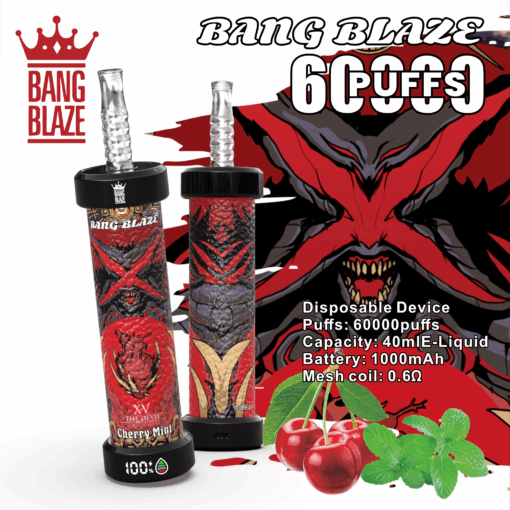 Ein Werbebild des Einweg-Vaporizers Bang Blaze mit einem auffälligen Design in Rot und Schwarz, der Aufschrift „6.000 Züge“ und dem Kirschminzgeschmack, neben Minzblättern und Kirschen als Kontext.